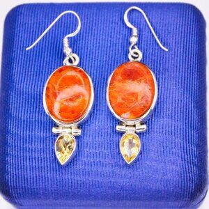 925 Sterling Silver Sponge Coral Citrine Double Gem Drop Dangle Earrings